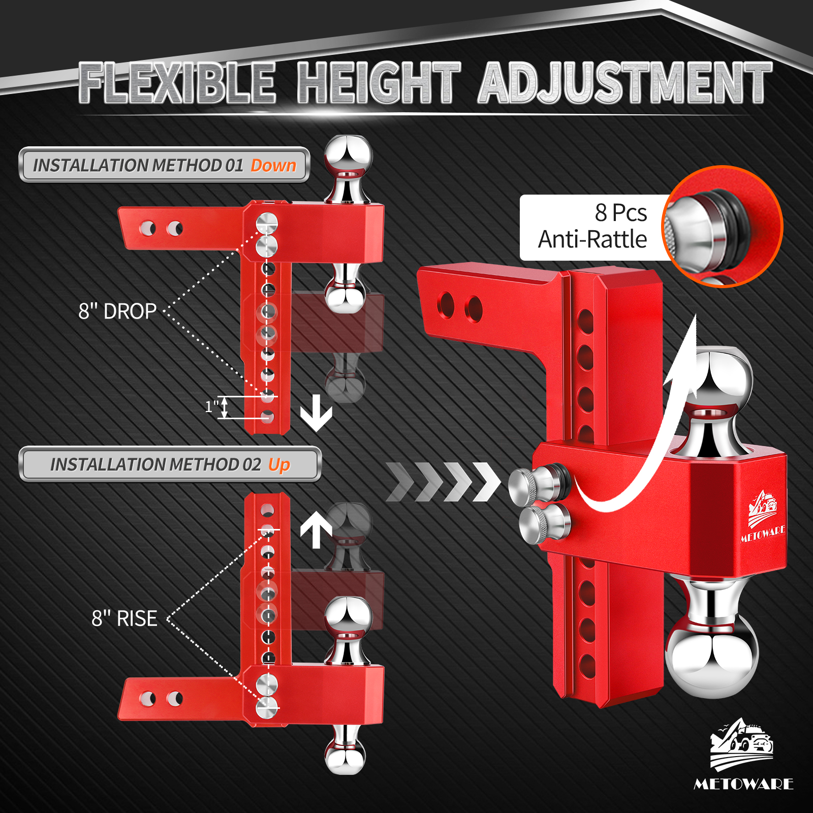 METOWARE Aluminum Adjustable Trailer Hitch Fits 2" Receiver, 8" Drop/Rise, 14K GTW, Red - Image 5