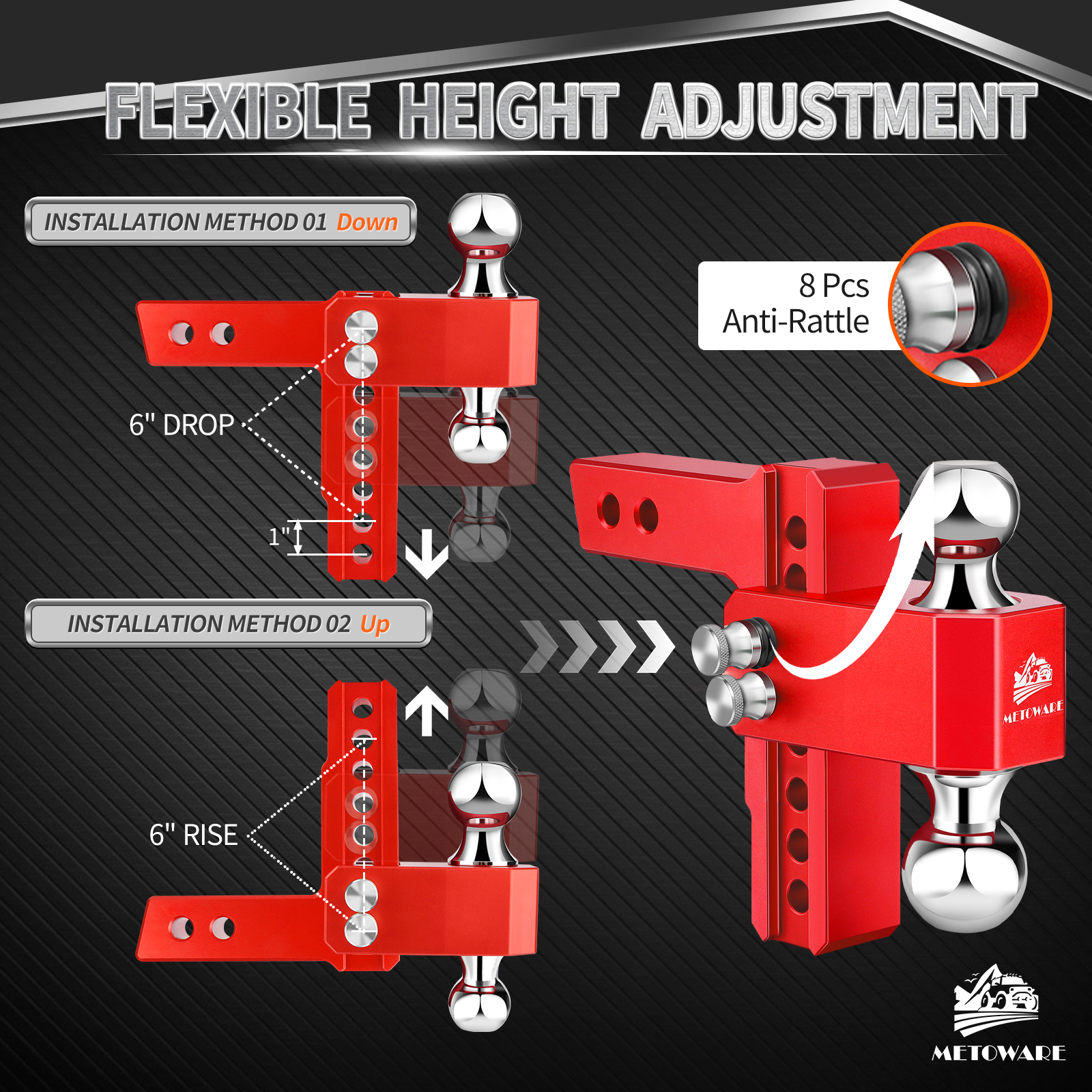 METOWARE Aluminum Adjustable Trailer Hitch Fits 2" Receiver, 6" Drop/Rise, 14K GTW, Red - Image 5