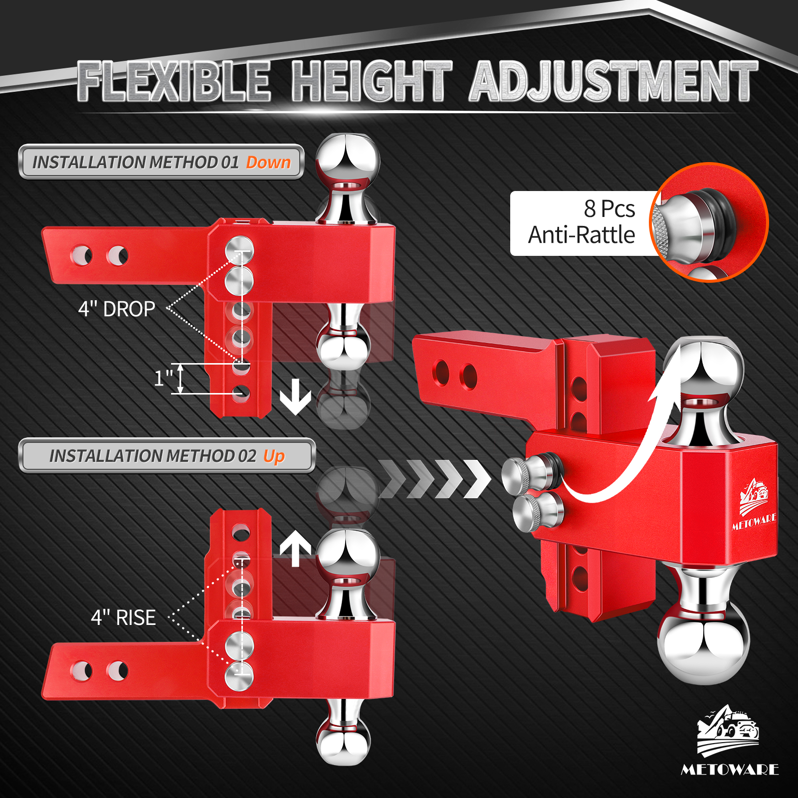 METOWARE Aluminum Adjustable Trailer Hitch Fits 2" Receiver, 4" Drop/Rise, 14K GTW, Red - Image 5