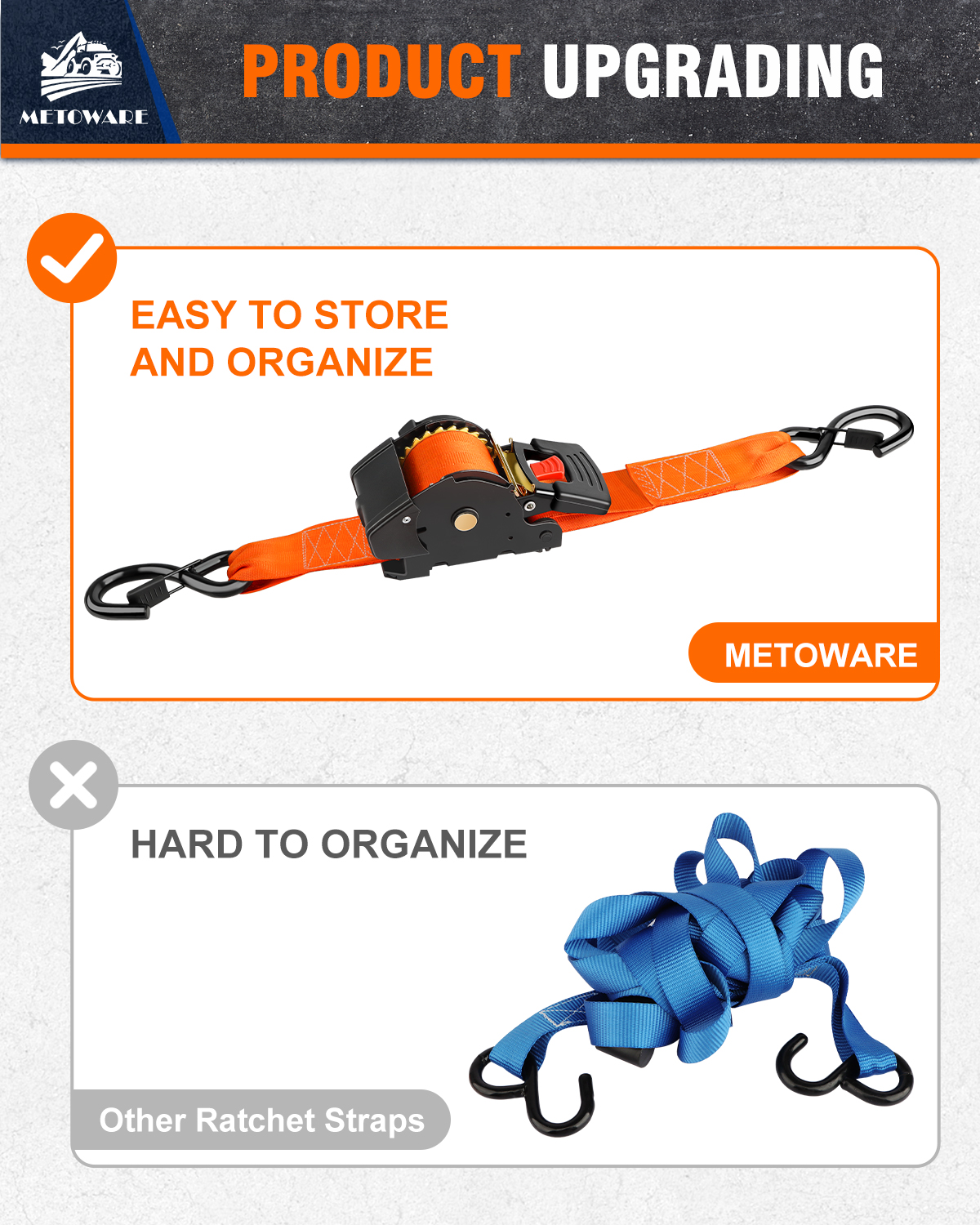 METOWARE Retractable Ratchet Straps (2-Pack) - 2 in x 10 Ft, Orange - Image 8