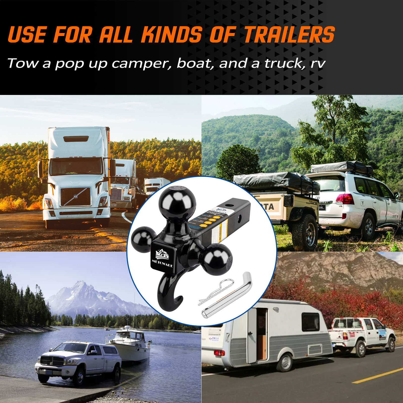 METOWARE Trailer Hitch Tri Ball Mount with Hook, Fits 2" Receiver , Hitch Pin - Image 7