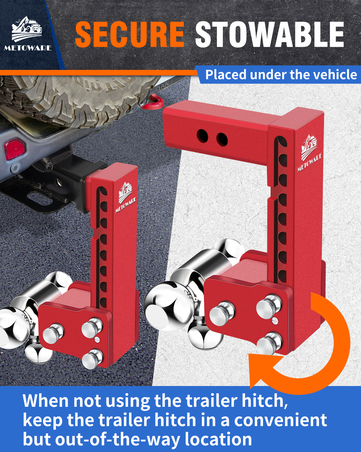 METOWARE Adjustable Trailer Hitch Fits 2" Receiver Tri-Ball, 8" Drop, 14K GTW, Red - Image 5