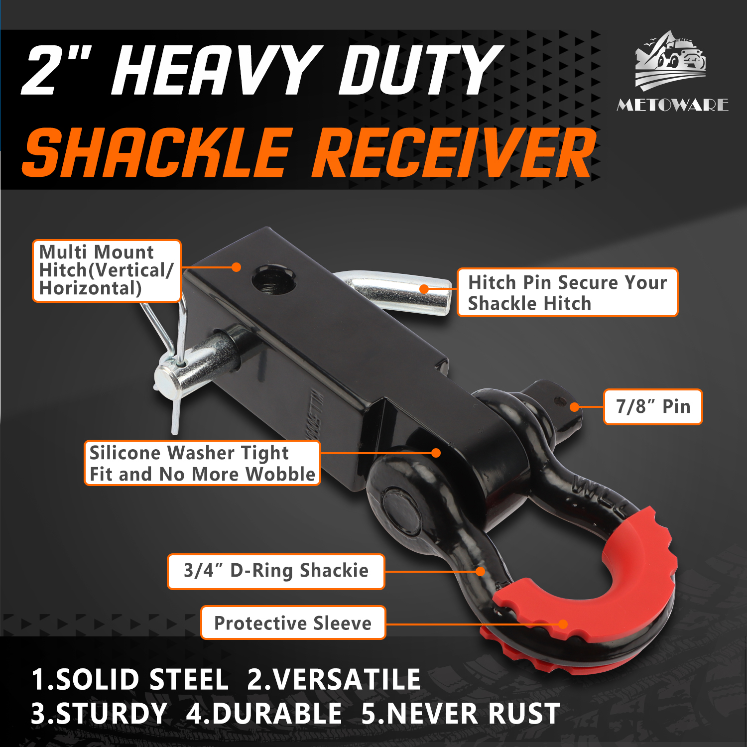 METOWARE Heavy Duty Tow Strap Recovery Kit with Receiver Kit with 5/8'' Hitch Pin, 3" x 20ft - Image 6