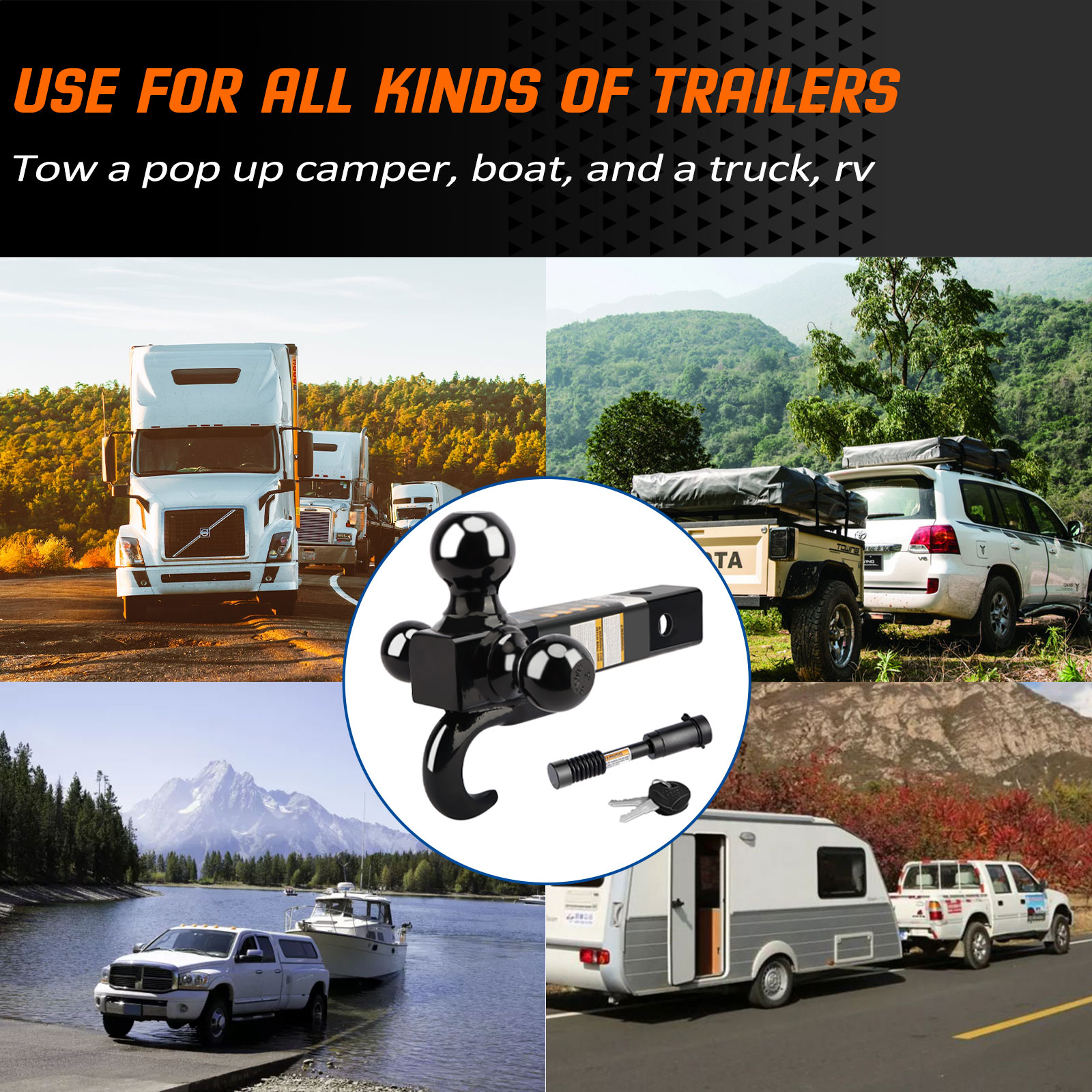 METOWARE Trailer Hitch Tri Ball Mount with Hook, Fits 2" Receiver , Hitch Lock - Image 7