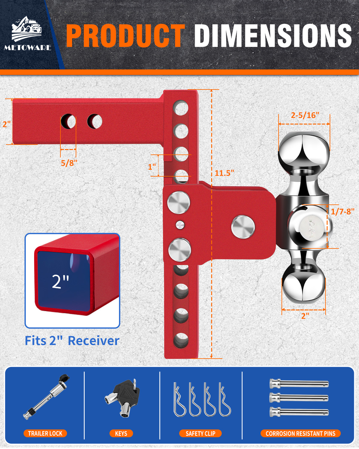 METOWARE Adjustable Trailer Hitch Fits 2" Receiver Tri-Ball, 8" Drop, 14K GTW, Red - Image 3