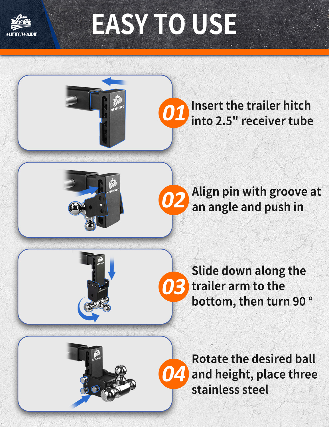 METOWARE 2.5" Adjustable Trailer Hitch Ball Mount, 4" Drop/Rise, 18K GTW - Image 9