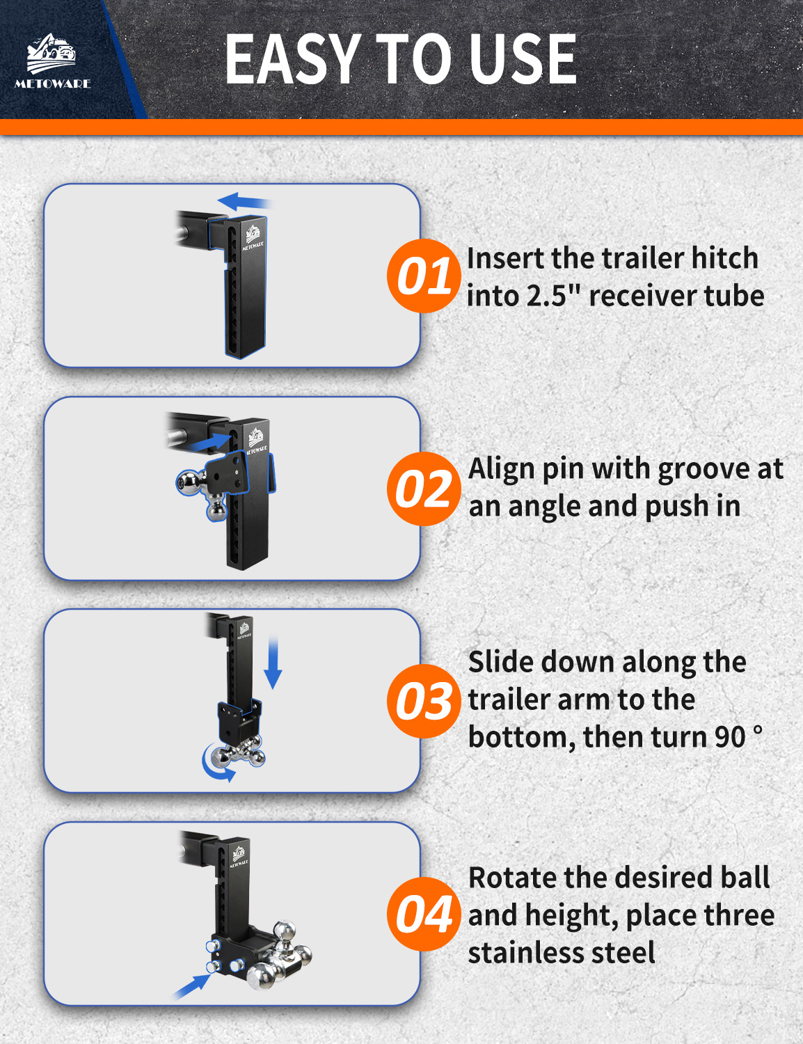 METOWARE 2.5" Adjustable Trailer Hitch Ball Mount, 6" Drop/Rise, 18K GTW - Image 9