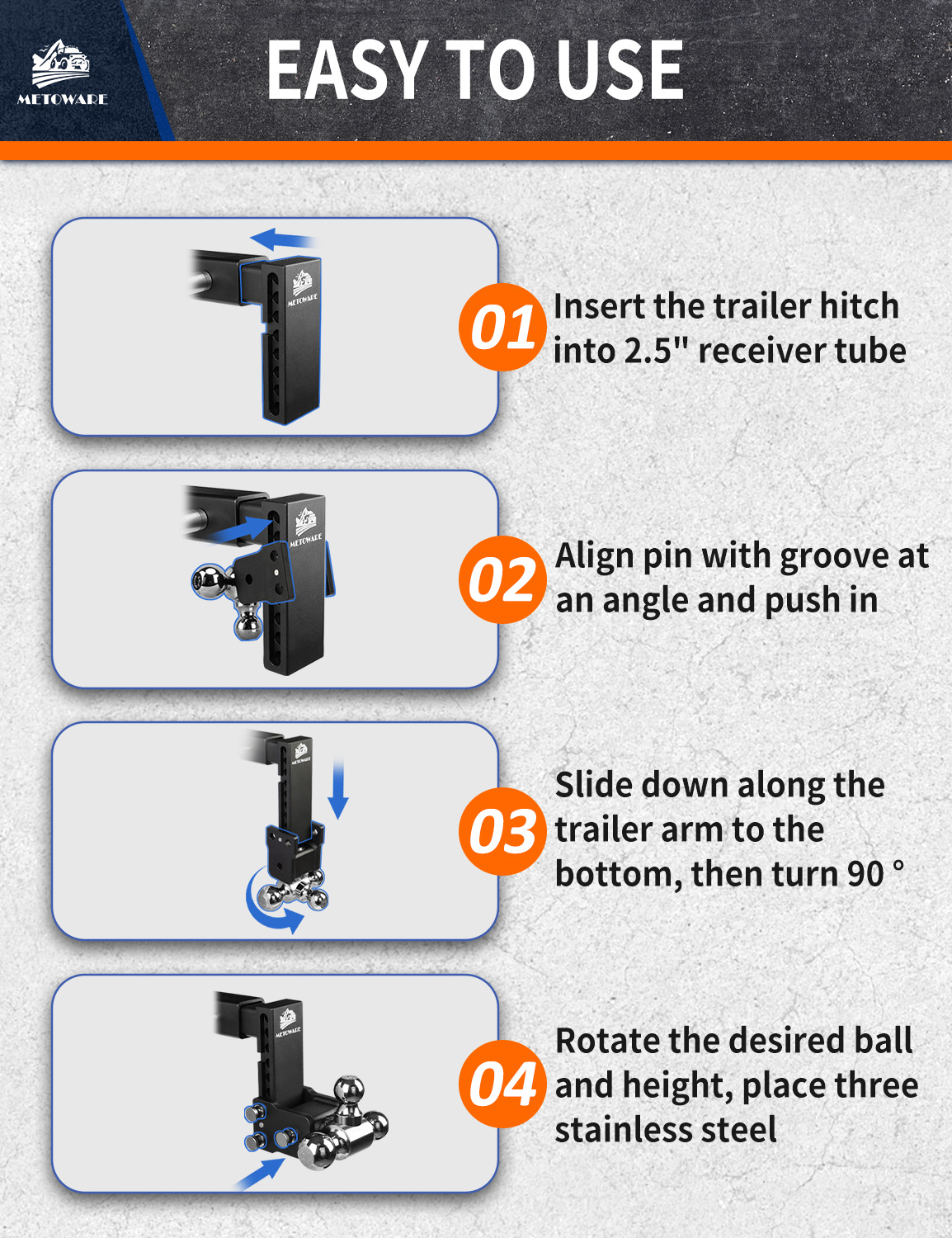 METOWARE 2.5" Adjustable Trailer Hitch Ball Mount, 8" Drop/Rise, 18K GTW - Image 8