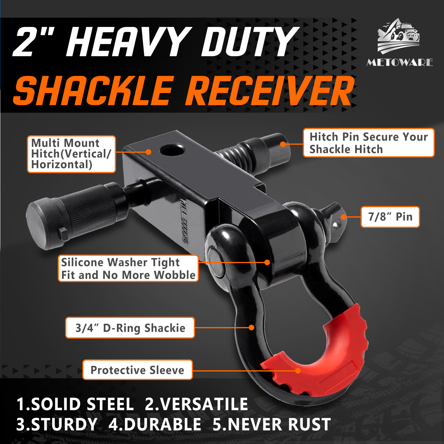METOWARE Heavy Duty Tow Strap Recovery Kit with Receiver Kit with 5/8'' Hitch Lock, 3" x 20ft - Image 5