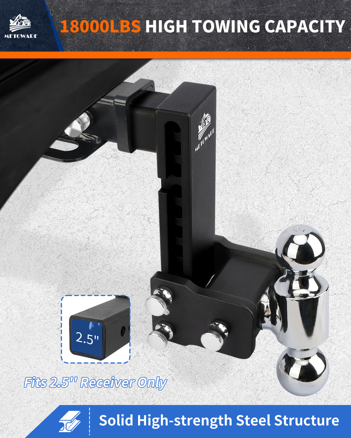 METOWARE Adjustable Trailer Hitch for 2.5" Receiver, 8" Drop/Rise - Image 2