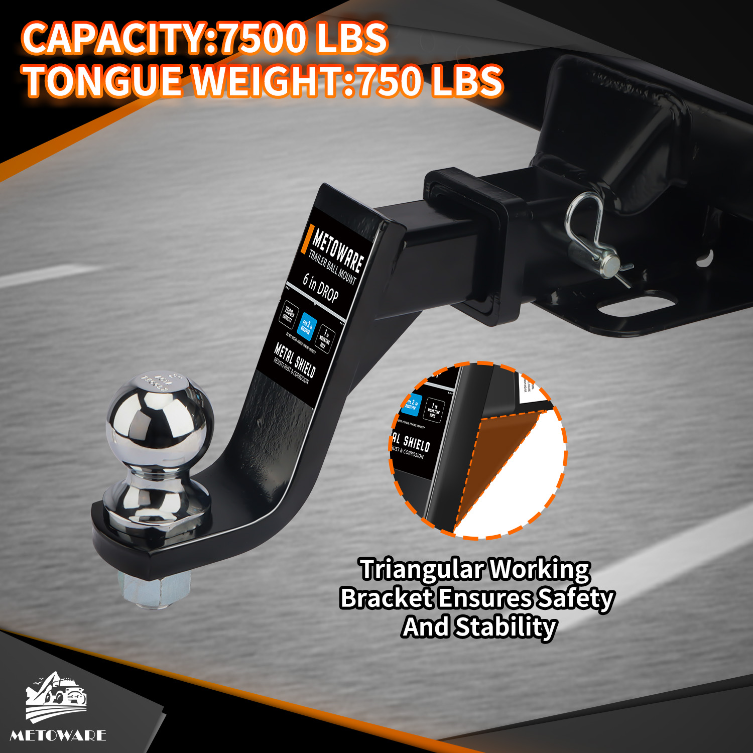 METOWARE Trailer Hitch Ball Mount, 6" Drop/Rise Fits 2" Receiver, 7500 lbs - Image 4