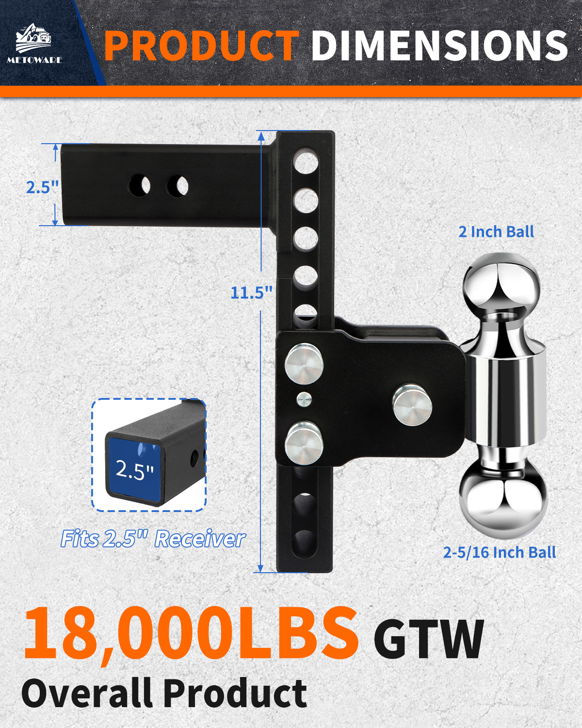 METOWARE Adjustable Trailer Hitch for 2.5" Receiver, 8" Drop/Rise - Image 3