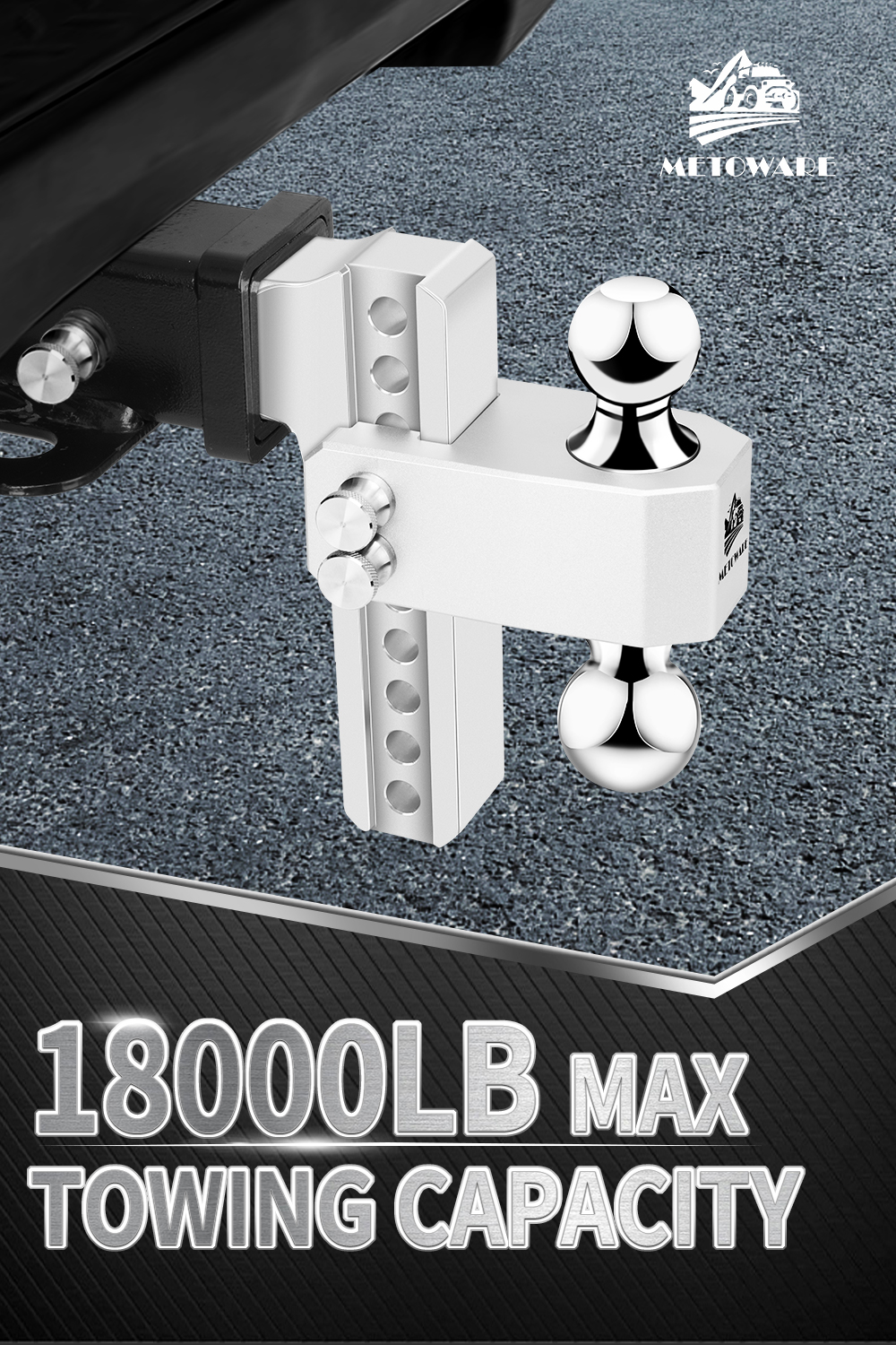 METOWARE 2.5'' Aluminum Adjustable Trailer Hitch, 8'' Drop/Rise,18K GTW, Silver - Image 2