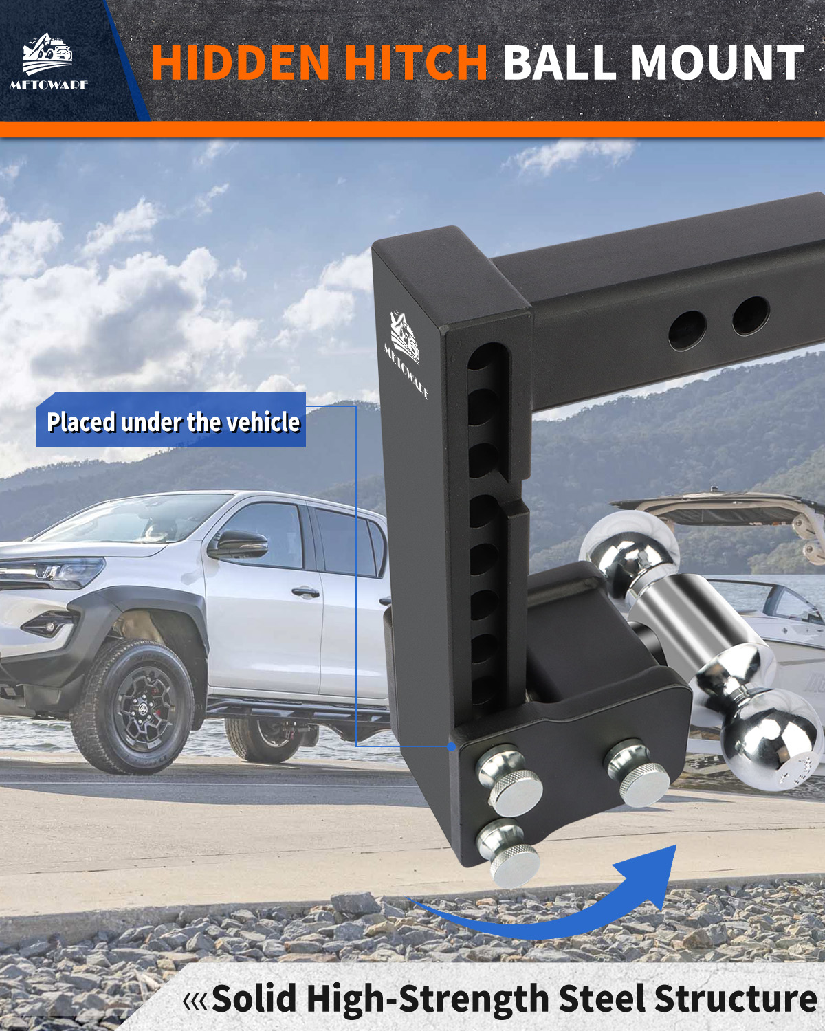METOWARE Adjustable Trailer Hitch for 2.5" Receiver, 8" Drop/Rise - Image 4