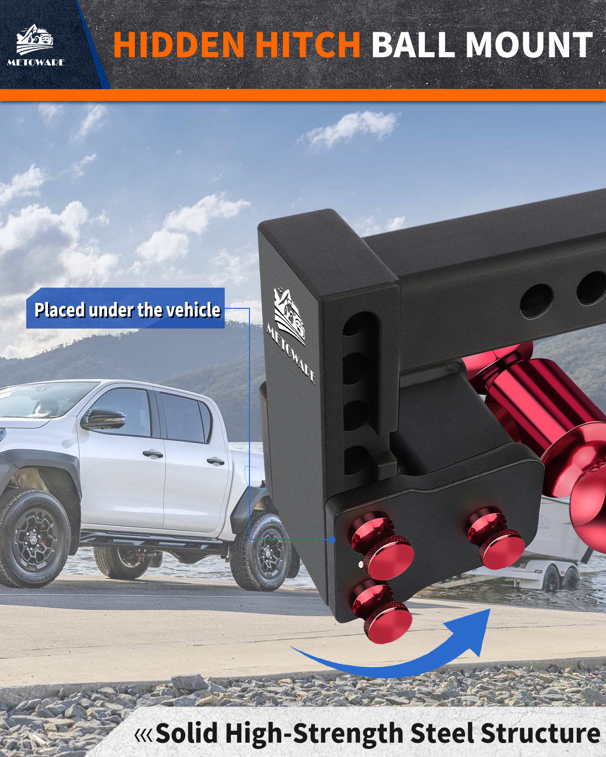 METOWARE Adjustable Trailer Hitch for 2.5″ Receiver, 4″ Drop/Rise - Image 2