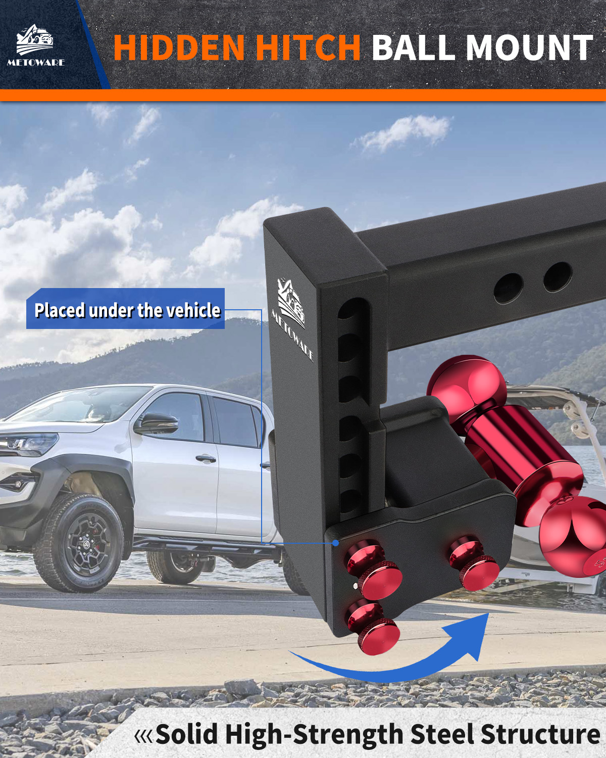 METOWARE Adjustable Trailer Hitch for 2.5" Receiver, 6" Drop/Rise - Image 2