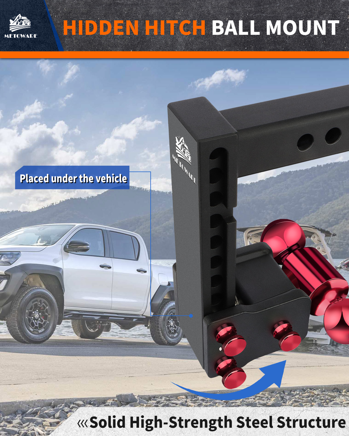 METOWARE Adjustable Trailer Hitch for 2.5" Receiver, 8" Drop/Rise - Image 2