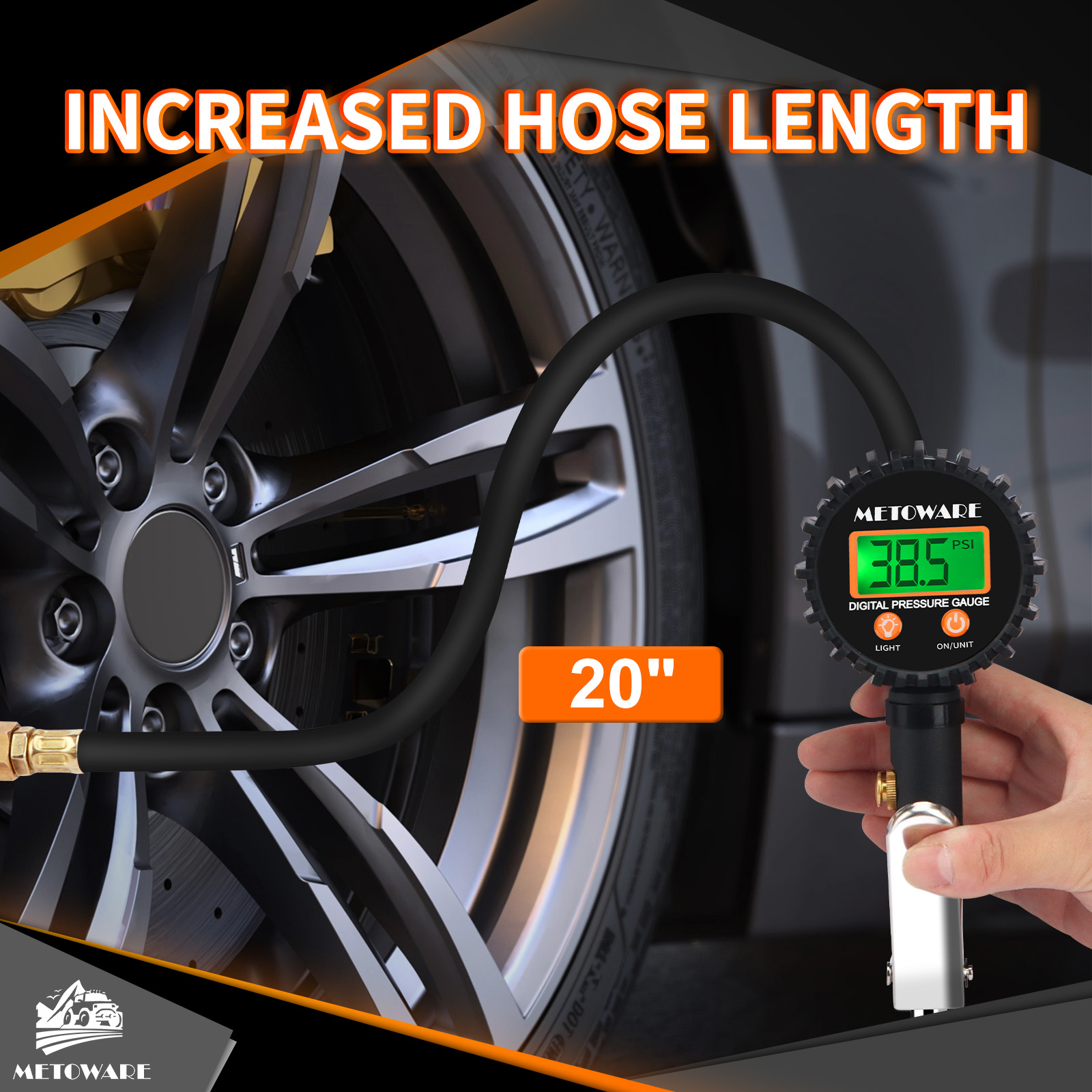 METOWARE Tire Pressure Gauge 0-250 PSI Digital with Air Chuck - Image 2