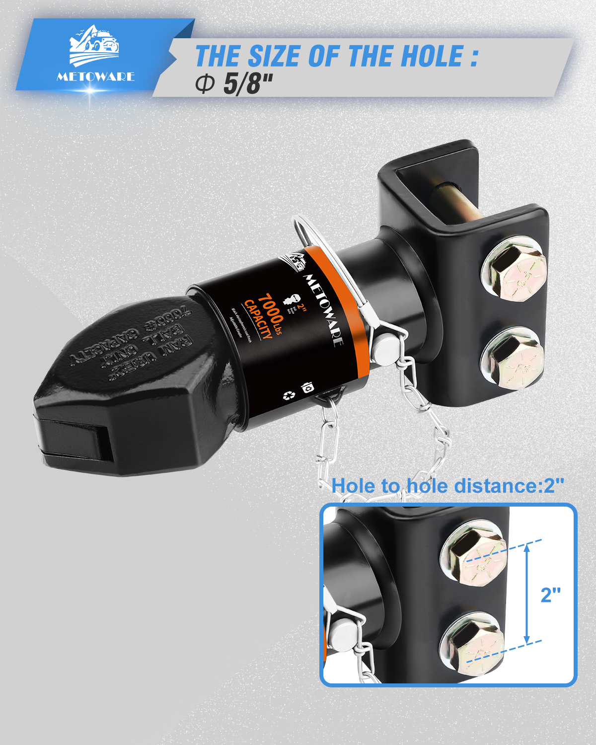 METOWARE 2" Channel-Mount Adjustable Trailer Coupler, 7,000 lbs Capacity - Image 7