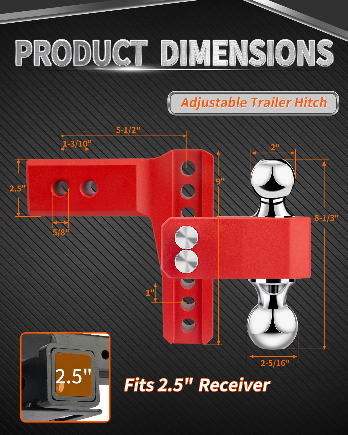 METOWARE Aluminum Adjustable Trailer Hitch, Fits 2.5'' Receiver, 6'' Drop, Red - Image 3