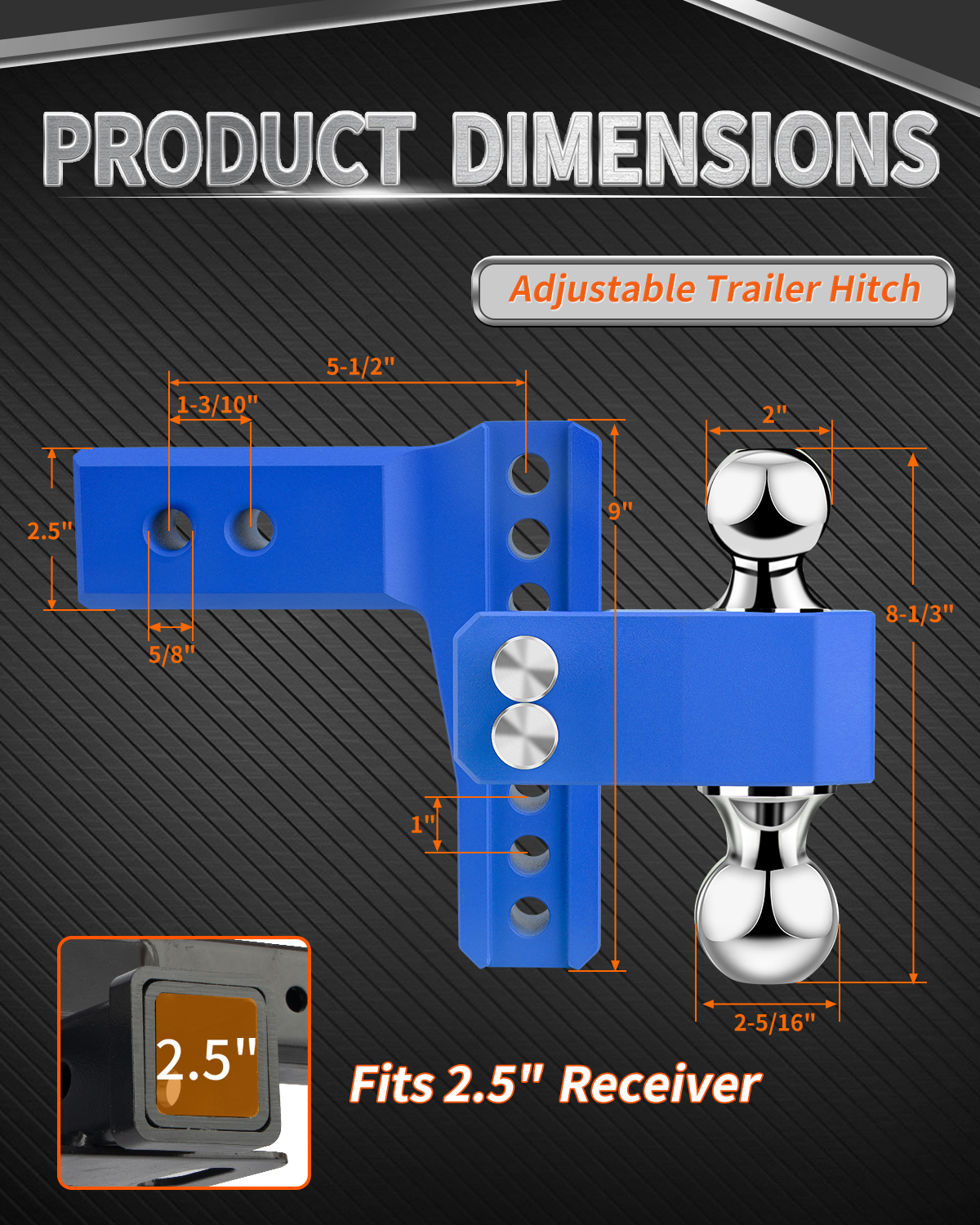 METOWARE Aluminum Adjustable Trailer Hitch, Fits 2.5'' Receiver, 6'' Drop, Blue - Image 4