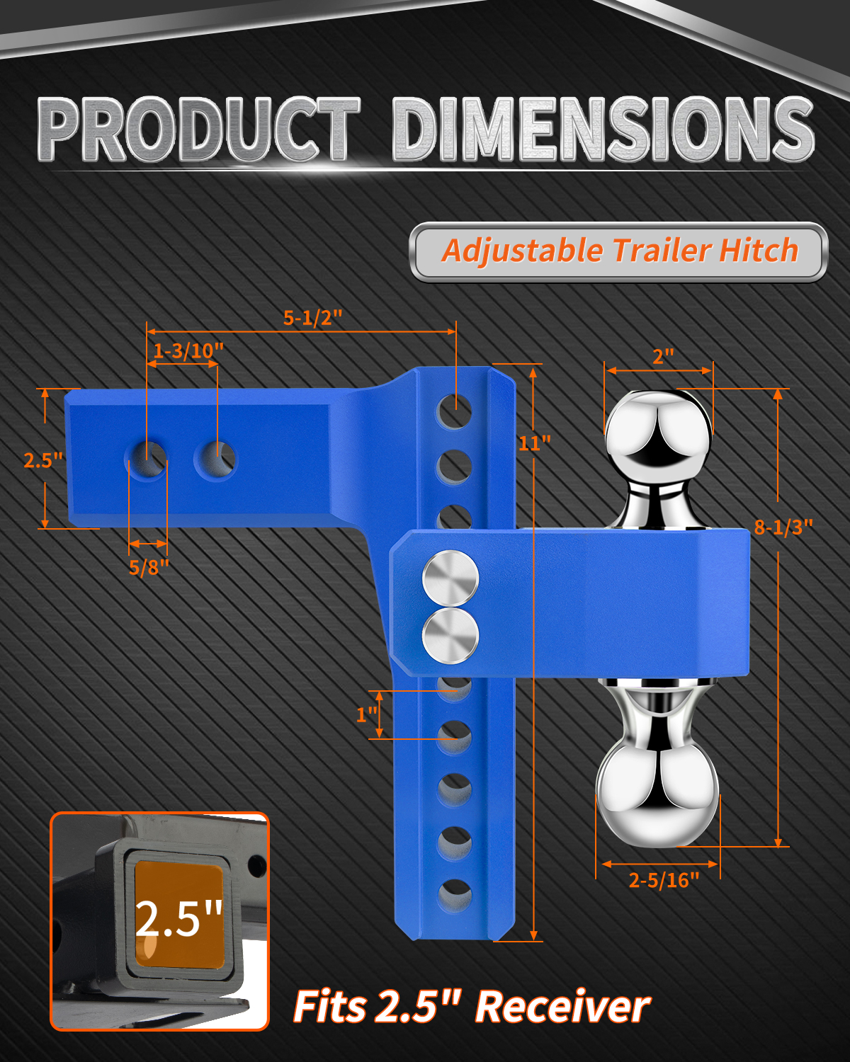 METOWARE Aluminum Adjustable Trailer Hitch, Fits 2.5'' Receiver, 8'' Drop, Blue - Image 3
