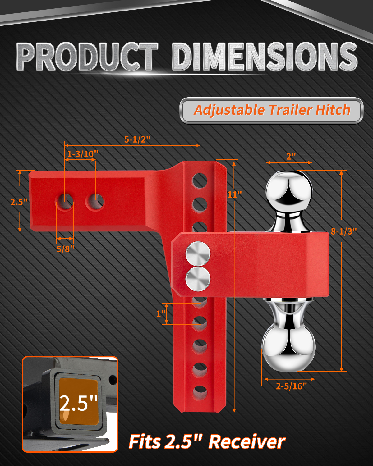METOWARE Aluminum Adjustable Trailer Hitch, Fits 2.5'' Receiver, 8'' Drop, Red - Image 3