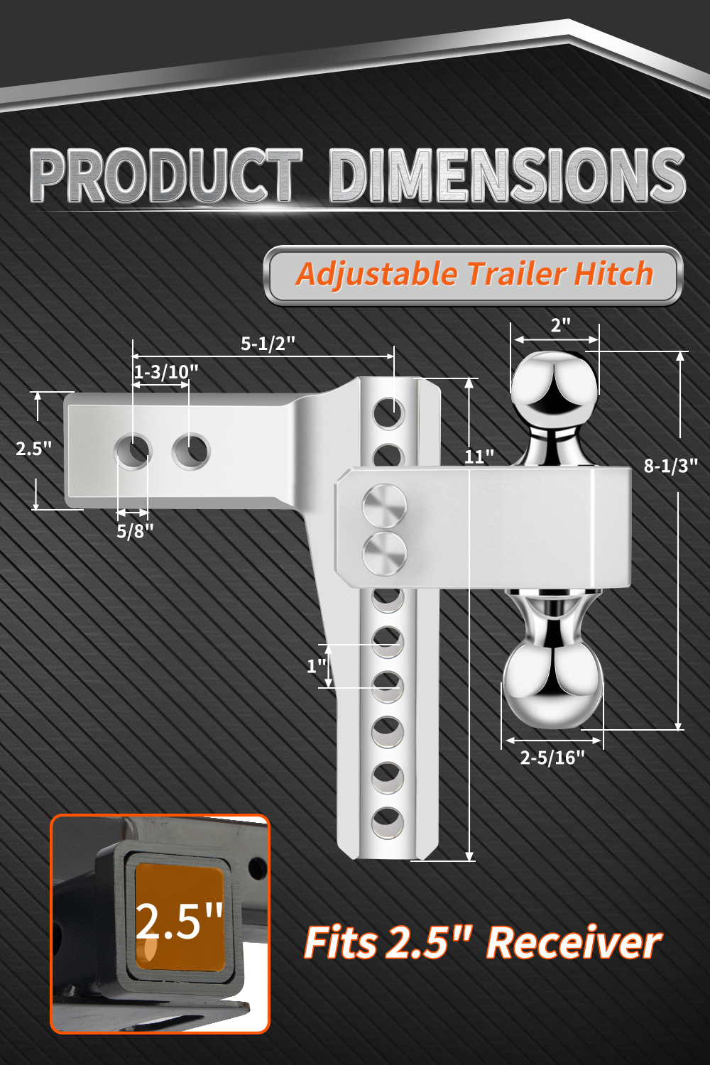 METOWARE 2.5'' Aluminum Adjustable Trailer Hitch, 8'' Drop/Rise,18K GTW, Silver - Image 4