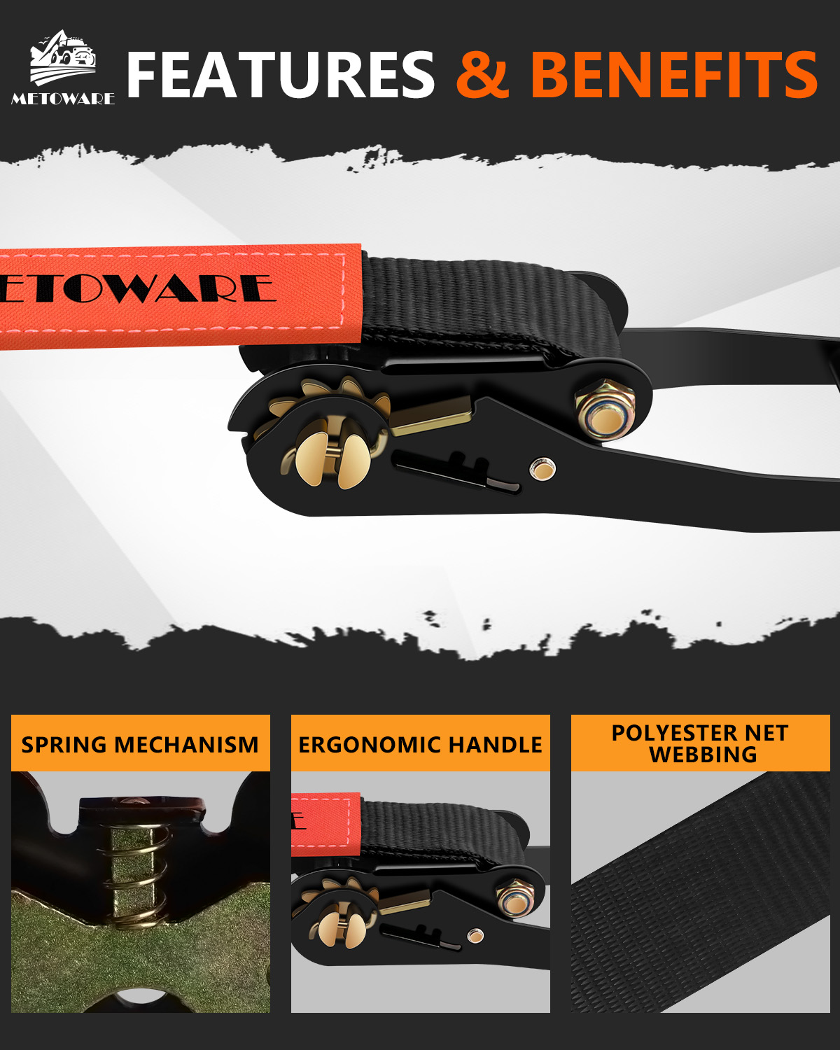 METOWARE Heavy Duty Ratchet Tie Down Straps (4 Pack) - 2 in x 15 Ft, Black - Image 5