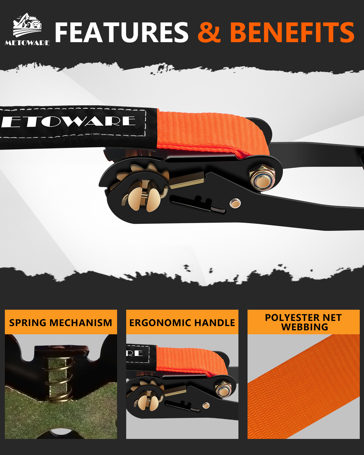 METOWARE Heavy Duty Ratchet Tie Down Straps (4 Pack) - 2 in x 15 Ft, Orange - Image 4