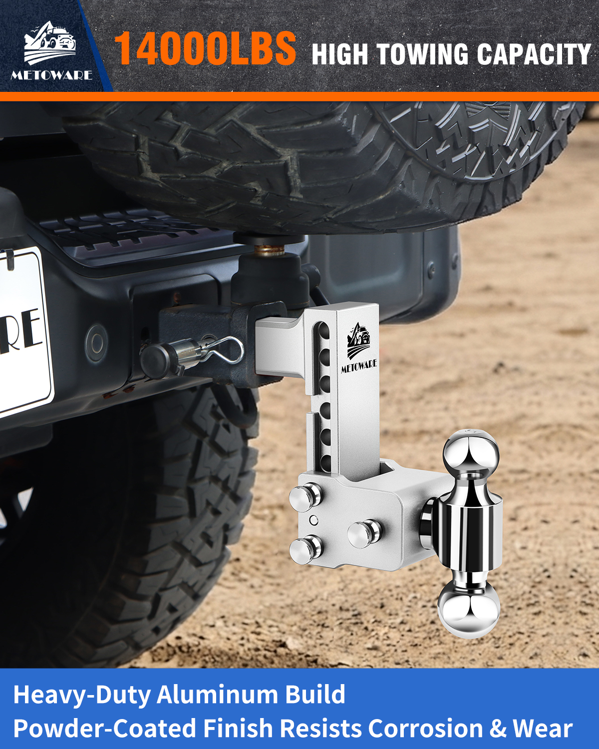 METOWARE Aluminum Adjustable Trailer Hitch Fits 2" Receiver 6" Drop/Rise 14K GTW - Image 5