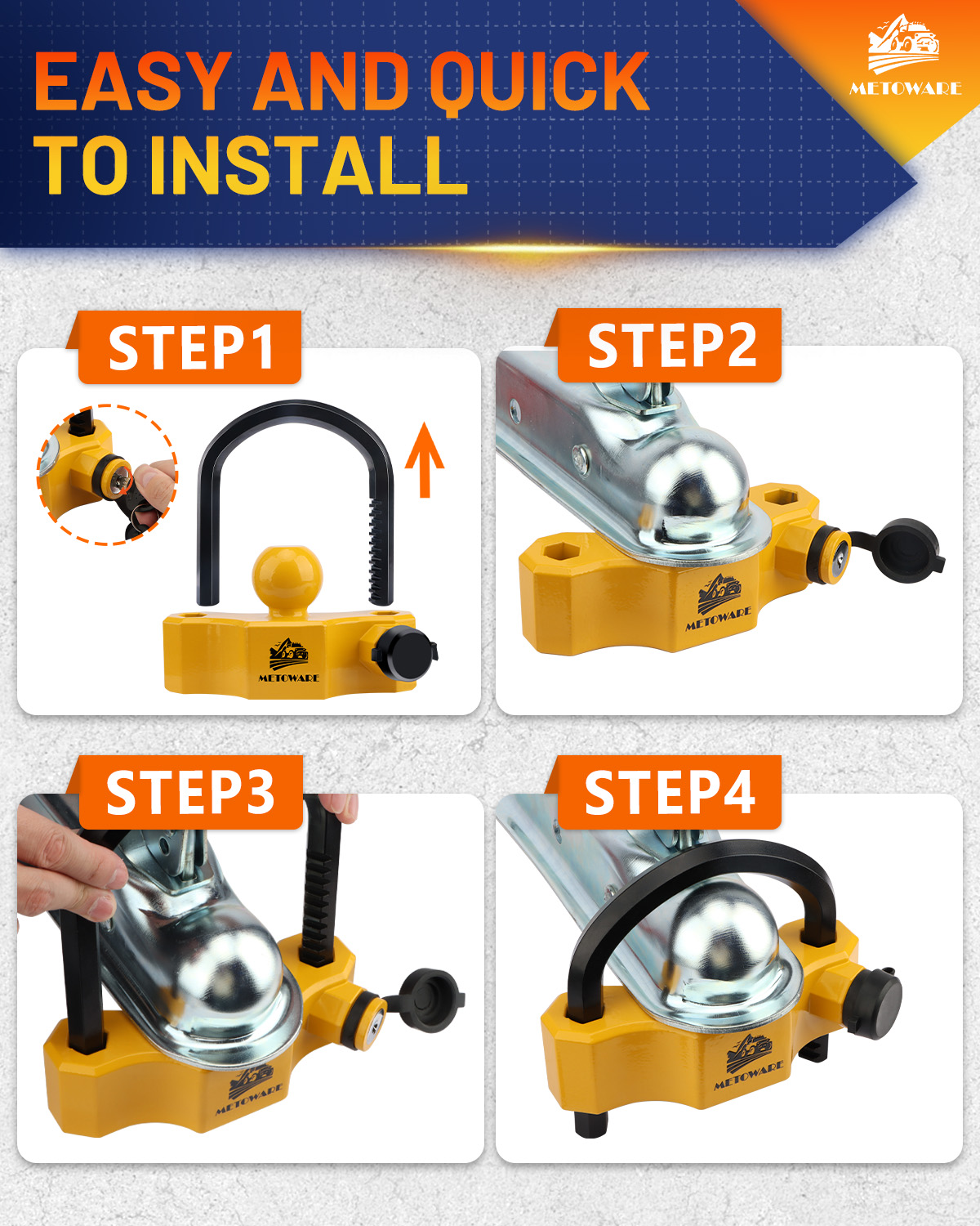 METOWARE Heavy-Duty Universal Trailer Coupler Lock Adjustable Trailer Lock, Yellow - Image 3