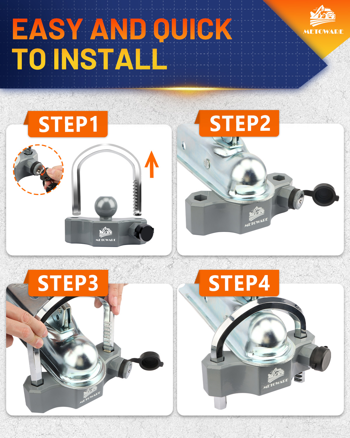 METOWARE Heavy-Duty Universal Trailer Coupler Lock Adjustable Trailer Lock, Gray - Image 3