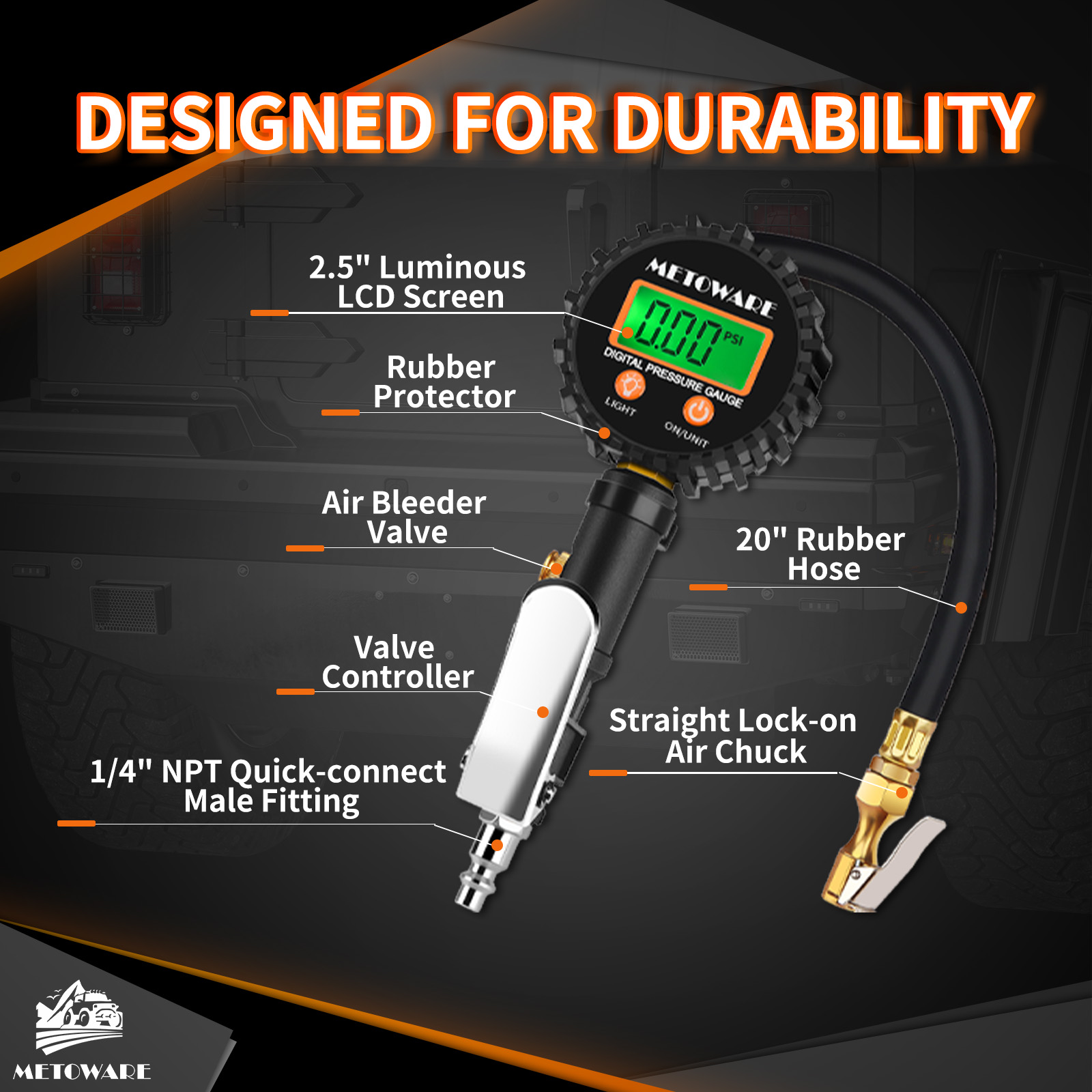 METOWARE Tire Pressure Gauge 0-250 PSI Digital with Air Chuck - Image 3