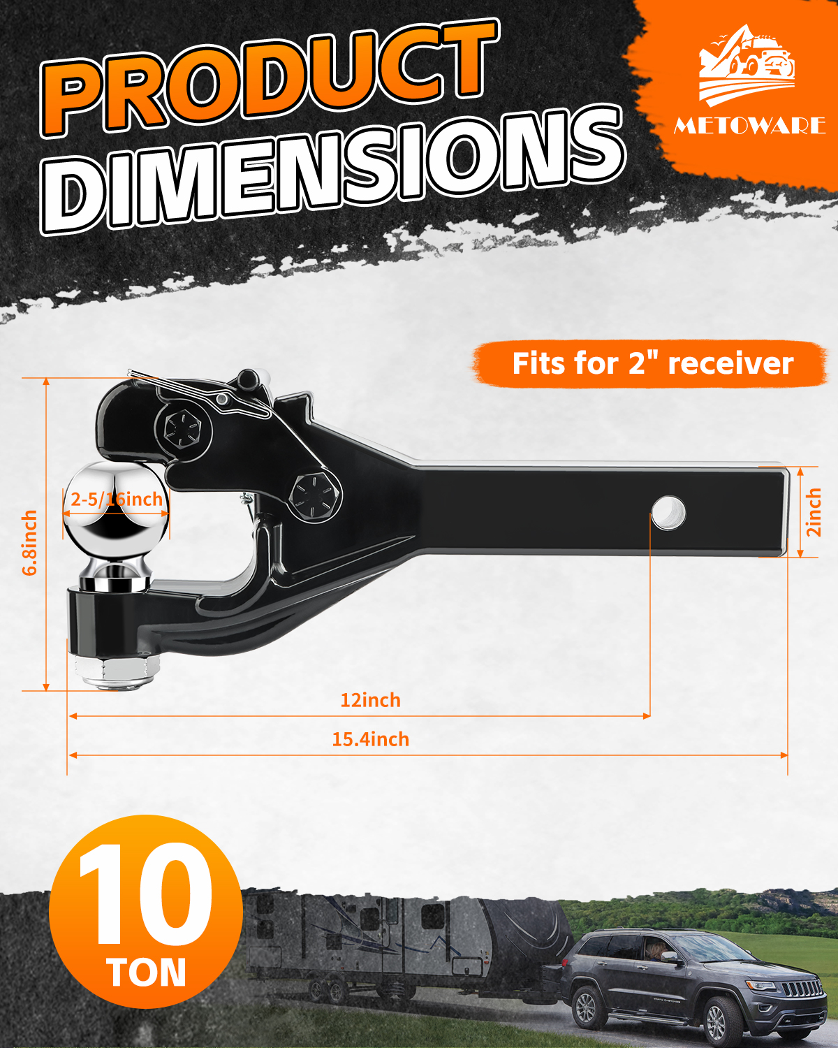 METOWARE Pintle Hitch with 2-5/16'' Ball, Fits 2'' Receiver, 22,000 lb GTW - Image 2