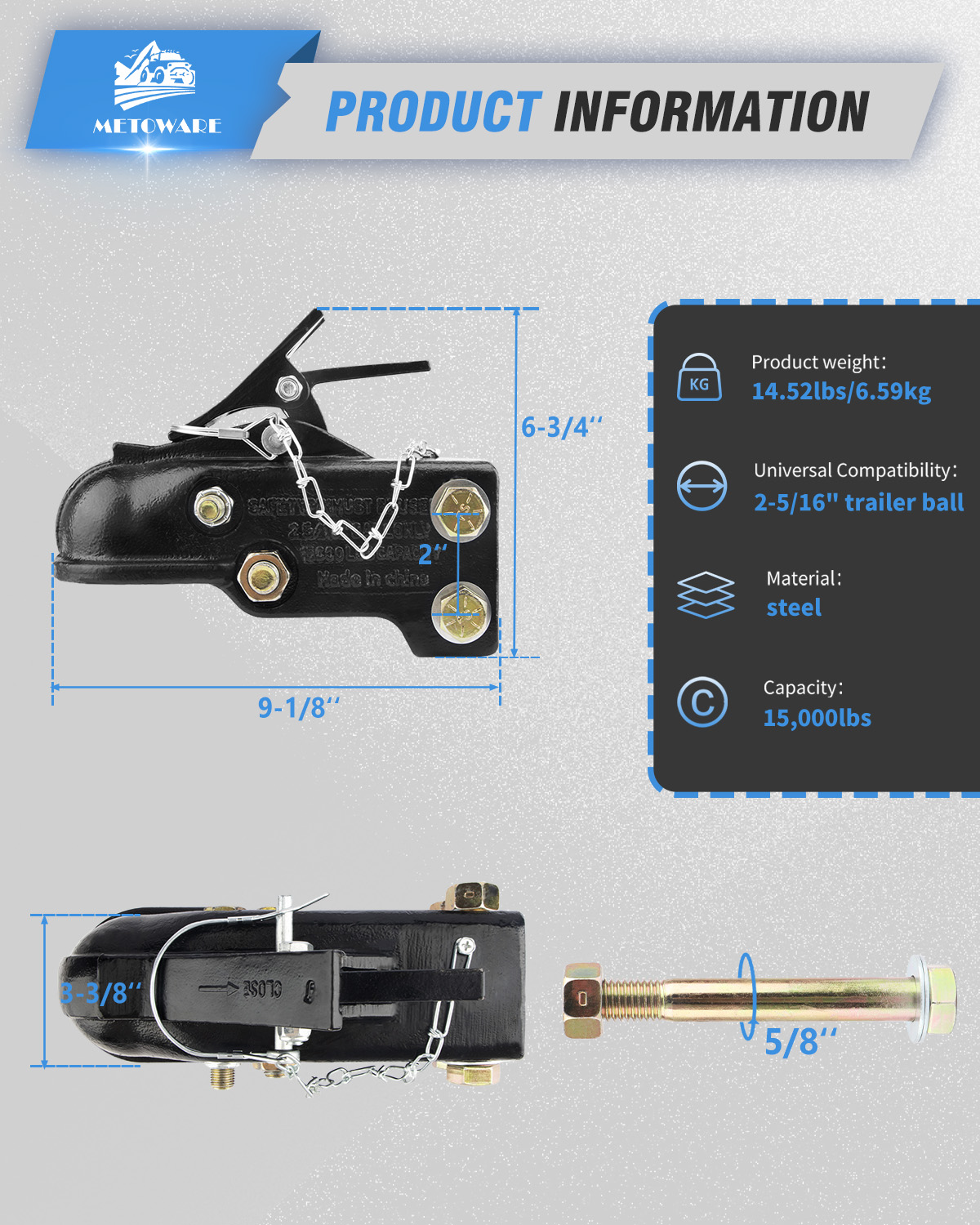METOWARE 2-5/16"Adjustable Channe Mount Trailer Coupler, Capacity 15,000LBS - Image 2