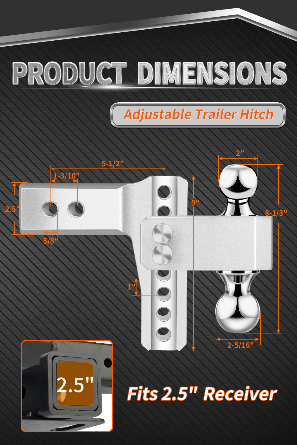 METOWARE 2.5'' Aluminum Adjustable Trailer Hitch, 6'' Drop/Rise, 18K GTW, Silver - Image 3