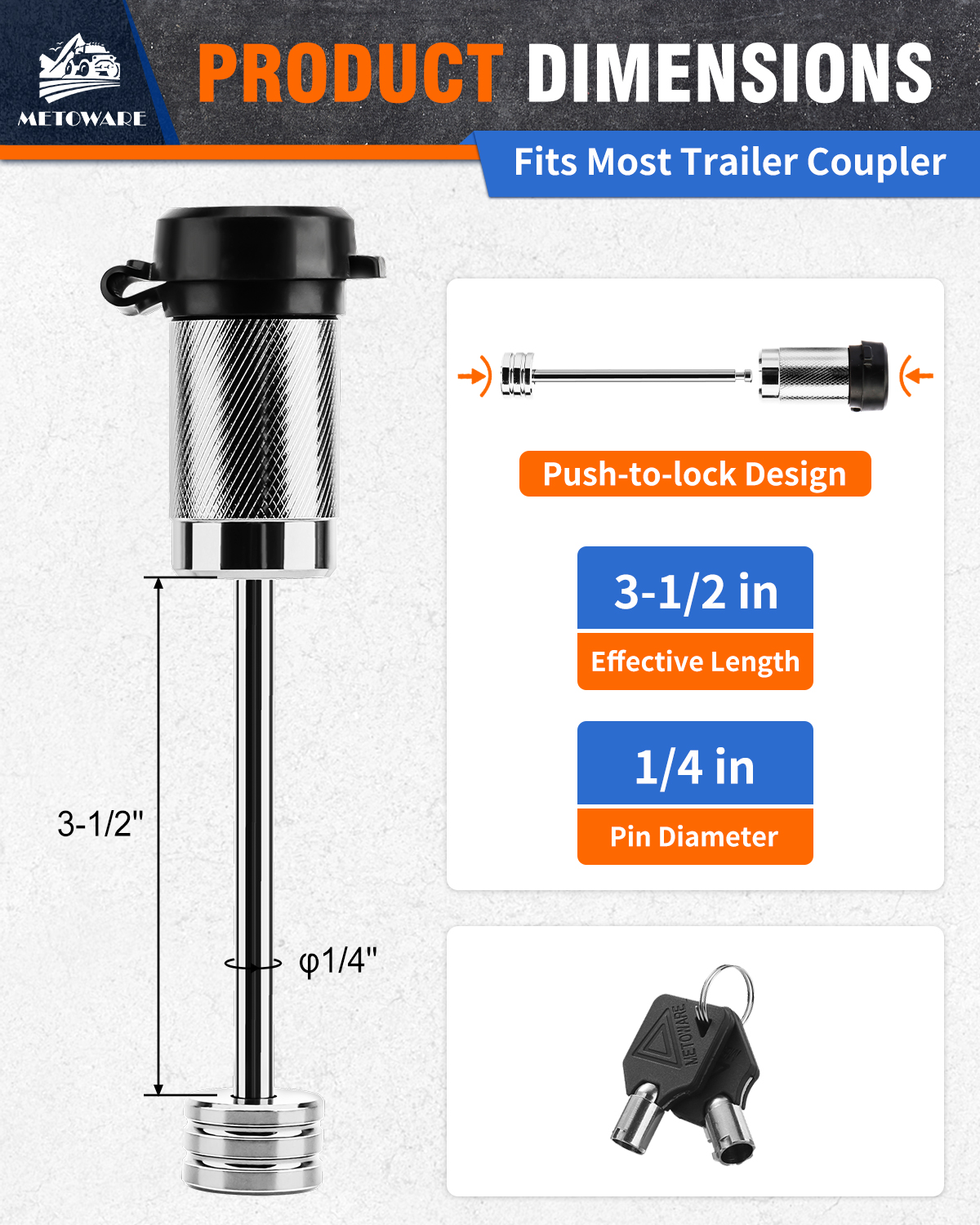 METOWARE Trailer Tongue Coupler Lock 1/4" Dia, 3-1/2" Span, Trailer Lock Chrome - Image 2