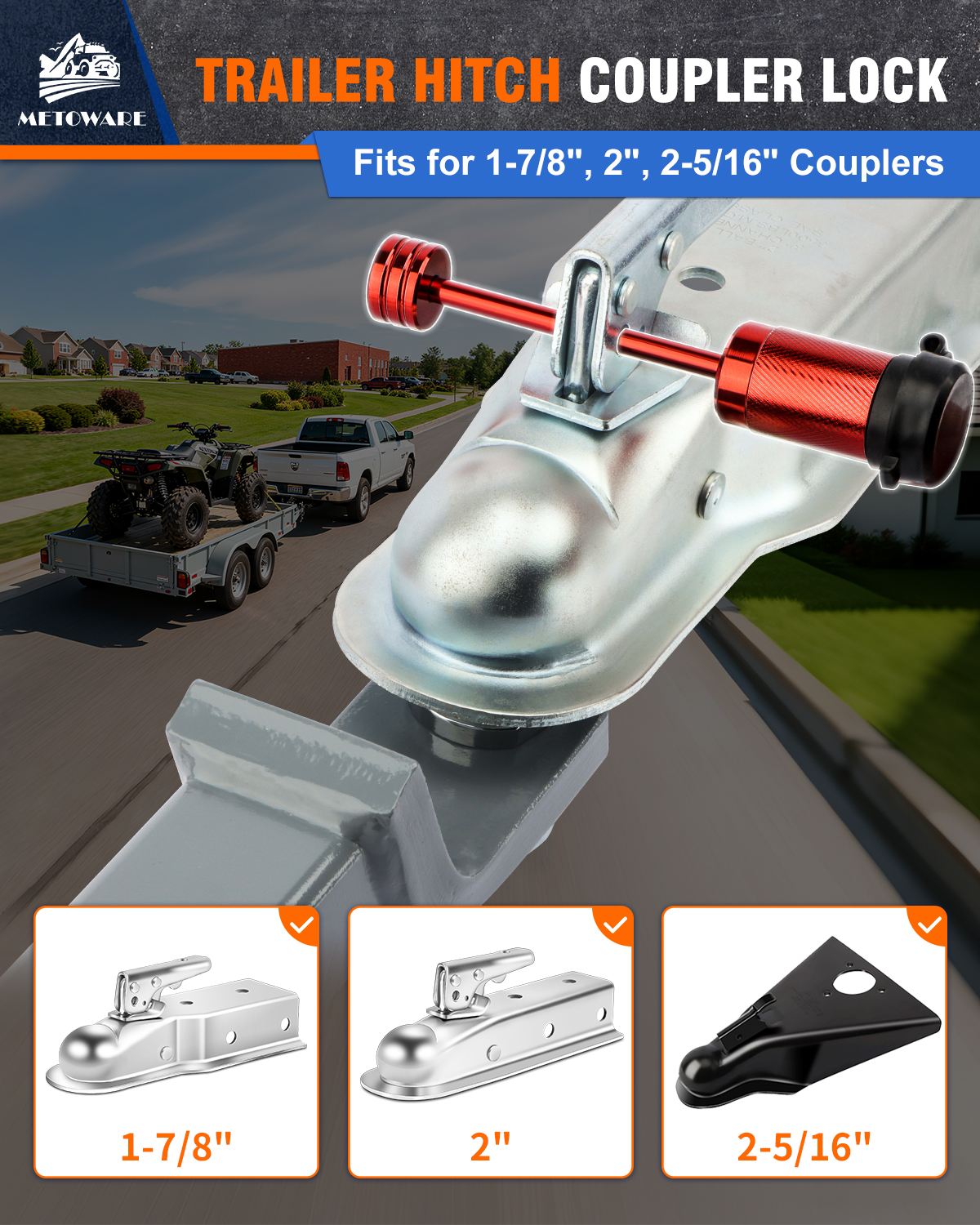 METOWARE Trailer Tongue Coupler Lock 1/4" Dia, 3-1/2" Span, Trailer Lock Red - Image 3