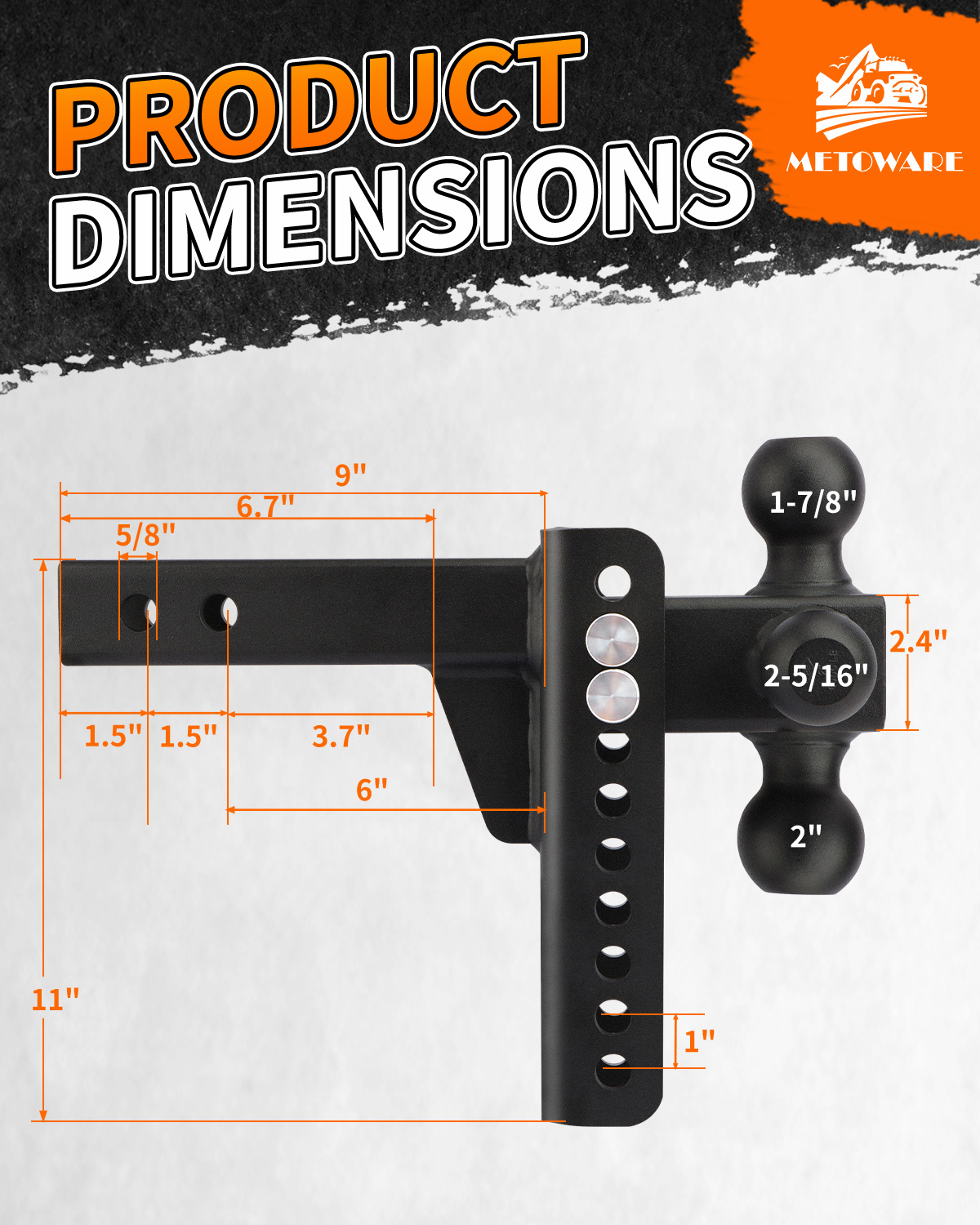 METOWARE Tri-Ball Trailer Hitch, Fits 2'' Receiver 8'' Drop/Rise, 13.5K LBS - Image 3