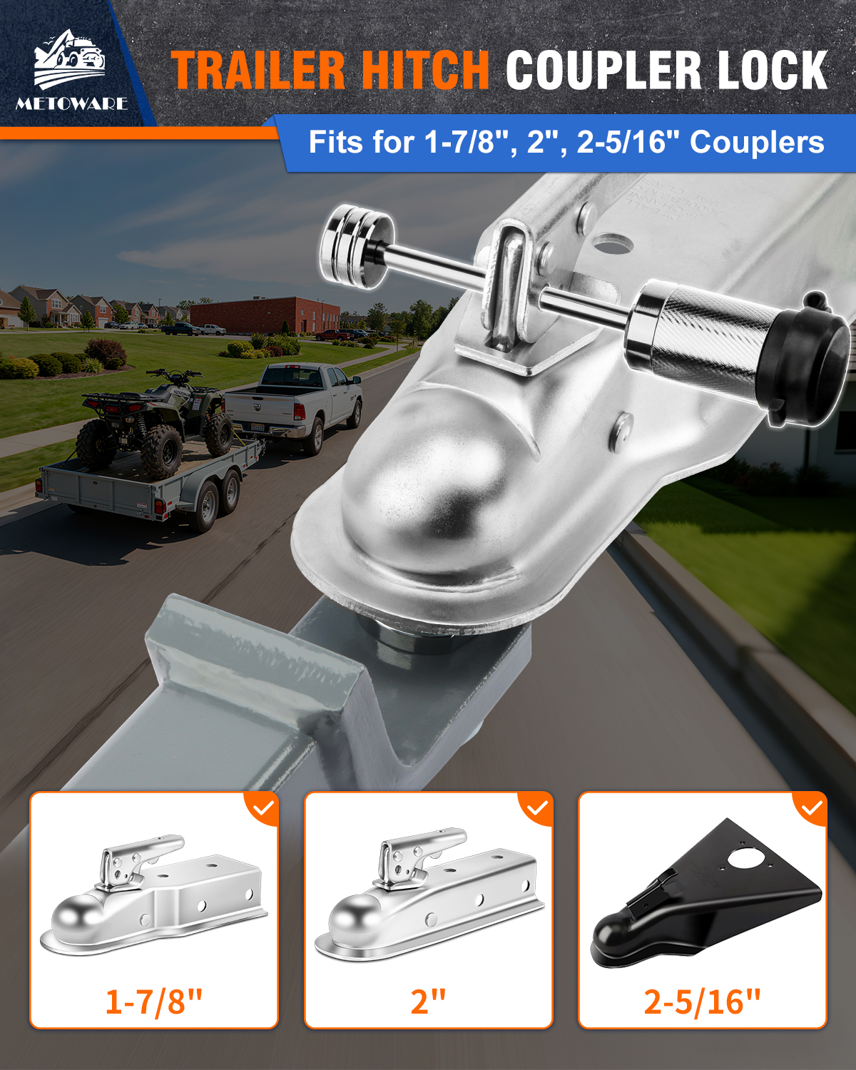 METOWARE Trailer Tongue Coupler Lock 1/4" Dia, 3-1/2" Span, Trailer Lock Chrome - Image 3
