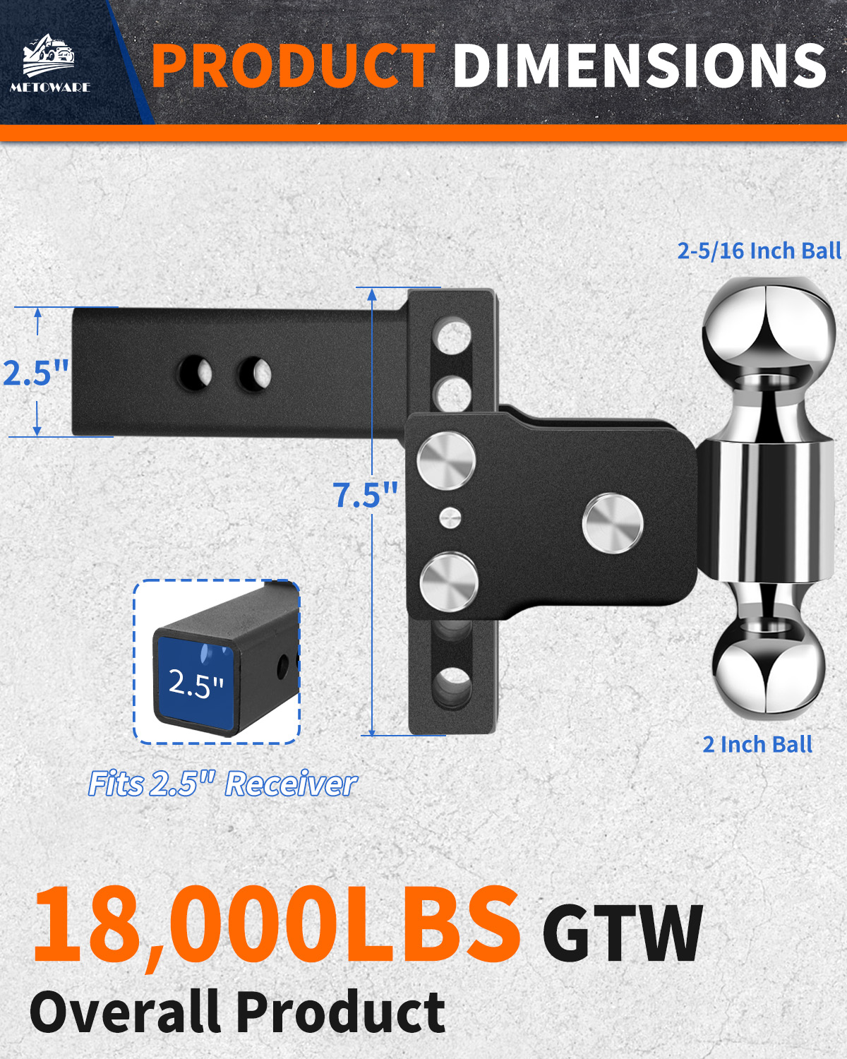 METOWARE Adjustable Trailer Hitch for 2.5" Receiver, 4'' Drop, 18K GTW - Image 4