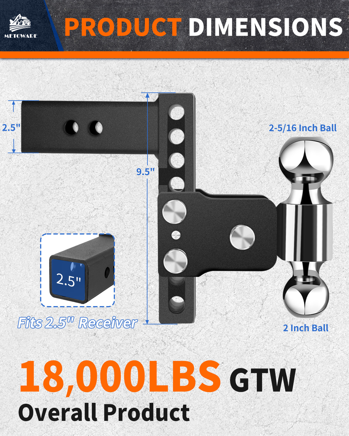 METOWARE Adjustable Trailer Hitch for 2.5" Receiver, 6" Drop/Rise - Image 4