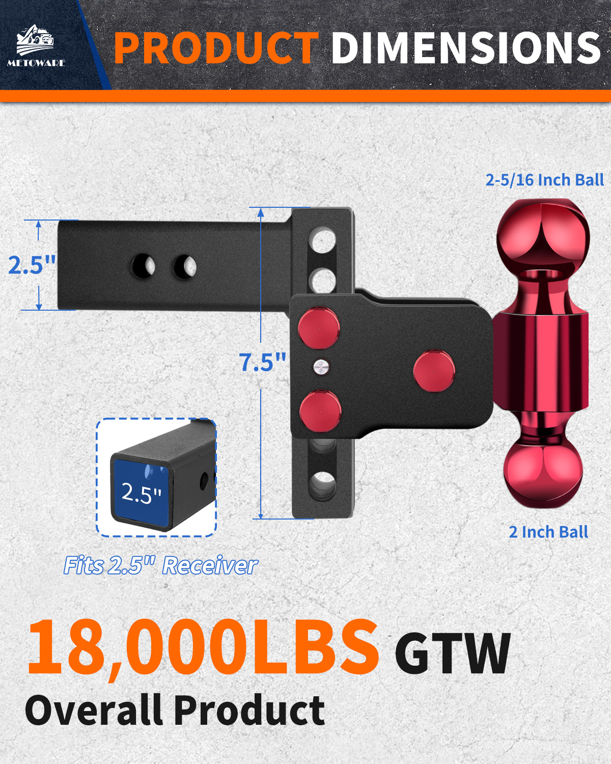 METOWARE Adjustable Trailer Hitch for 2.5″ Receiver, 4″ Drop/Rise - Image 3