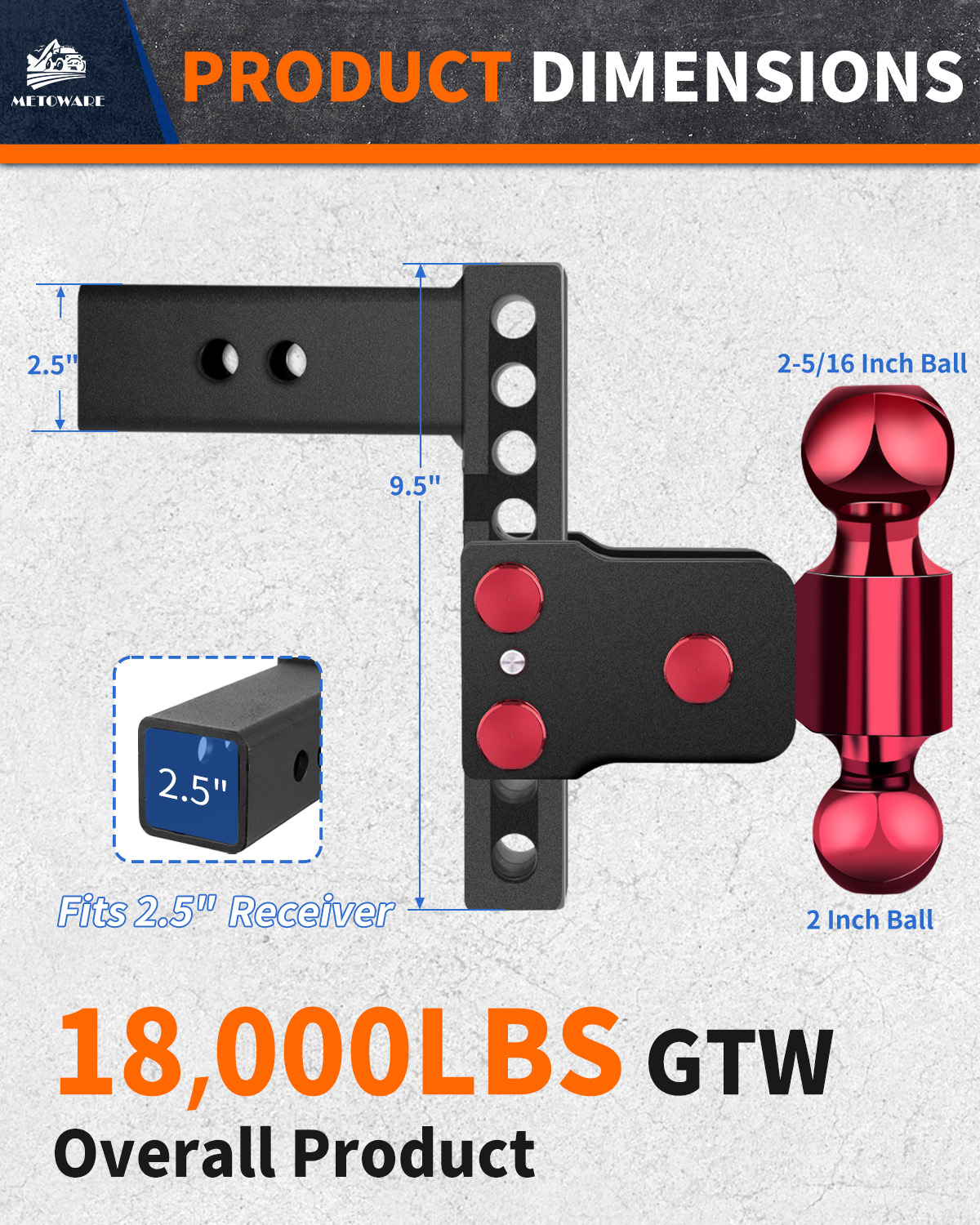 METOWARE Adjustable Trailer Hitch for 2.5" Receiver, 6" Drop/Rise - Image 3