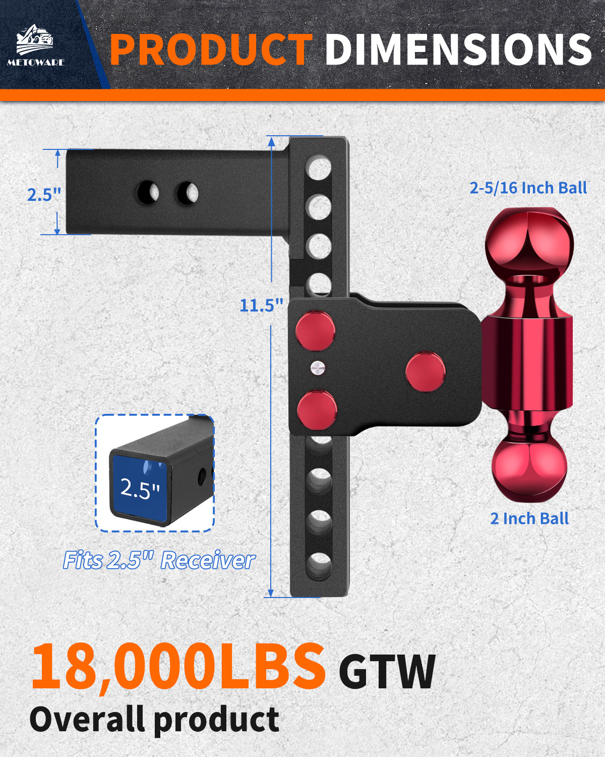 METOWARE Adjustable Trailer Hitch for 2.5" Receiver, 8" Drop/Rise - Image 3