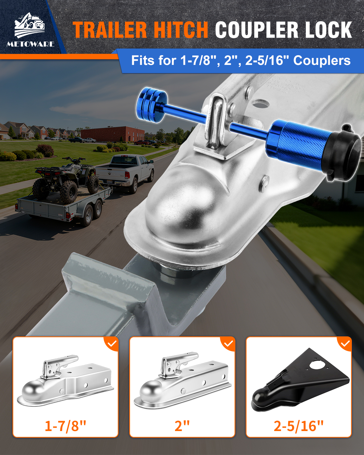 METOWARE Trailer Tongue Coupler Lock 1/4" Dia, 3-1/2" Span, Trailer Lock Blue - Image 3