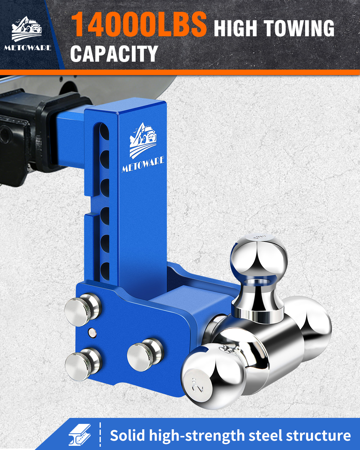 METOWARE Adjustable Trailer Hitch Fits 2" Receiver Tri-Ball, 6" Drop, 14K GTW, Blue - Image 2