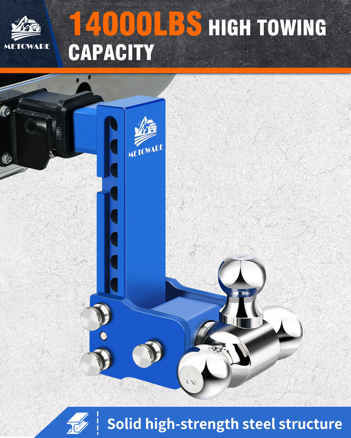 METOWARE Adjustable Trailer Hitch Fits 2" Receiver Tri-Ball 8" Drop 14K GTW, Blue - Image 2