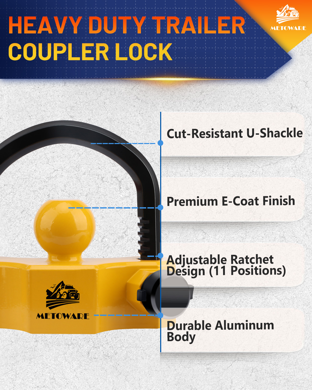 METOWARE Heavy-Duty Universal Trailer Coupler Lock Adjustable Trailer Lock, Yellow - Image 4